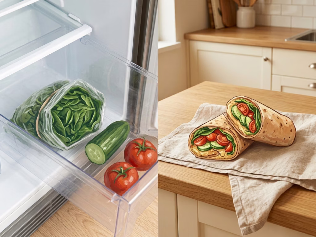 Open fridge produce drawer with wilting spinach and fresh vegetables next to an assembled hummus wrap on a counter