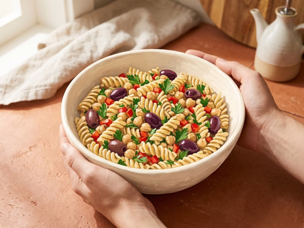 Hands holding a bright bowl of cold pasta salad with olives, chickpeas, and vegetables on a sunny counter