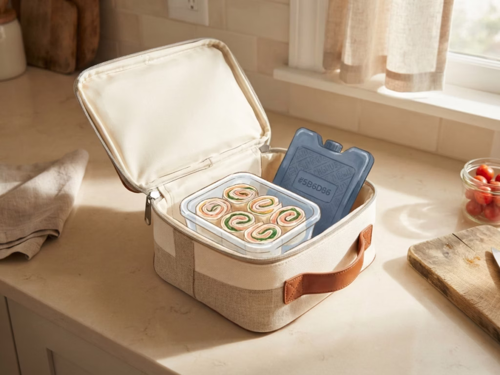 Open insulated lunch bag with a frozen gel pack beside a packed lunchbox on a bright kitchen counter