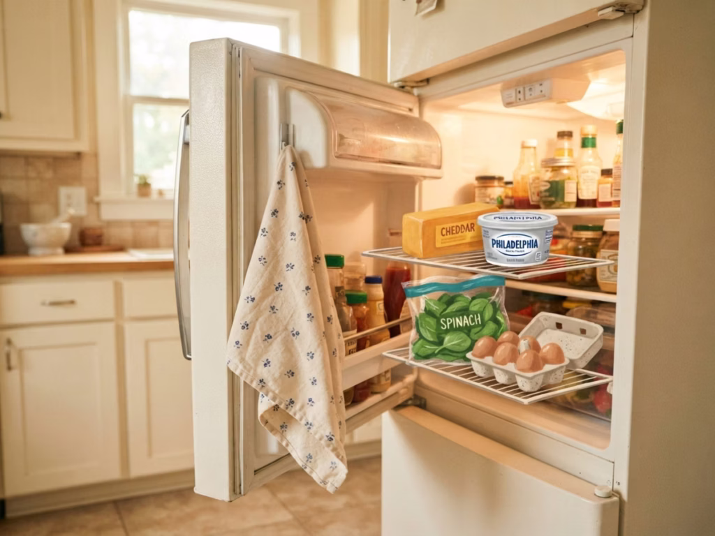 Hand holding a smartphone in front of an open fridge stocked with cream cheese, produce, and lunch ingredients