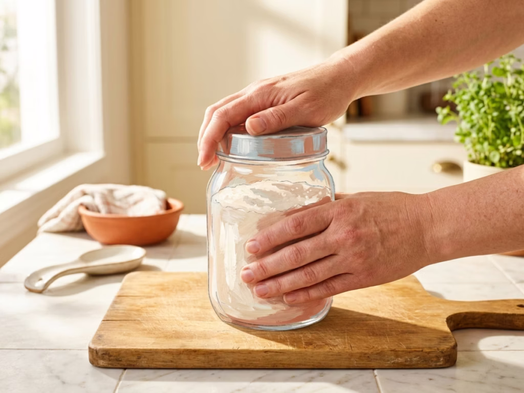 Hands pressing the lid onto a glass jar of salt on a bright kitchen counter