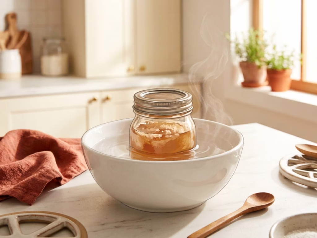 Crystallized honey jar sitting in a warm bowl of water on a sunny kitchen counter, restoring it to liquid