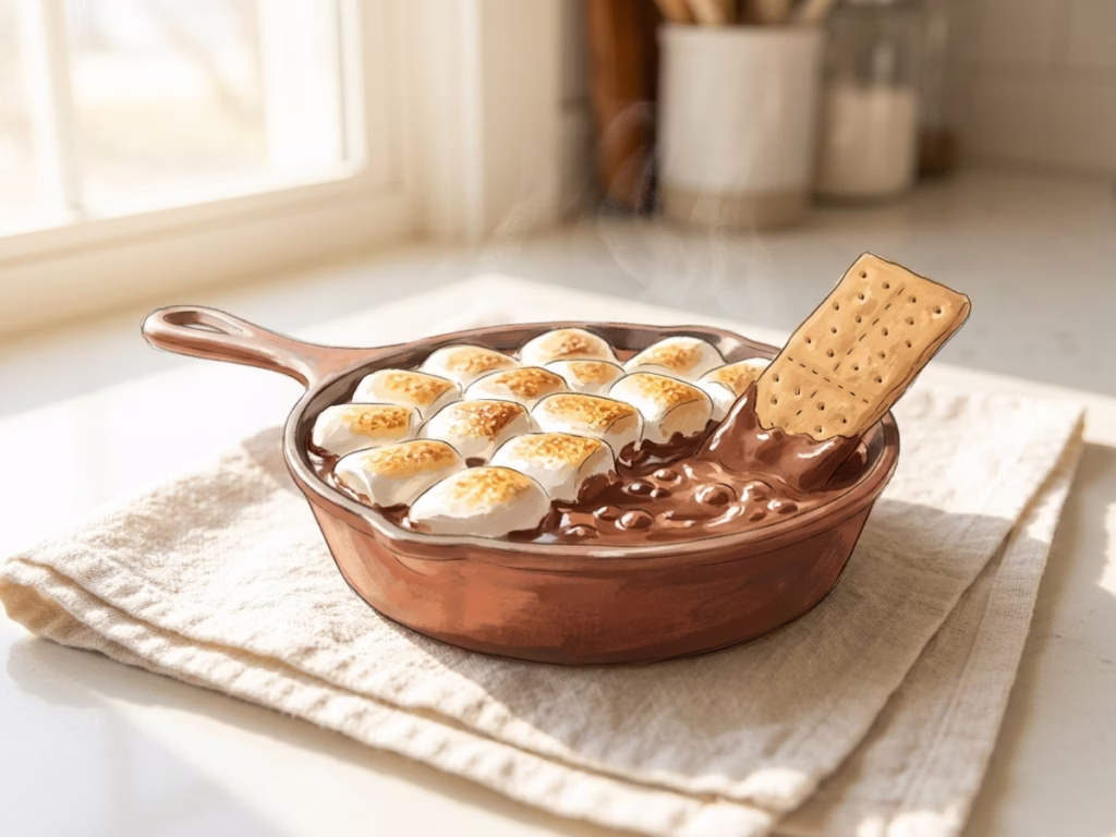 Oven-baked s'mores dip with golden marshmallows and melted chocolate in a small cast iron dish