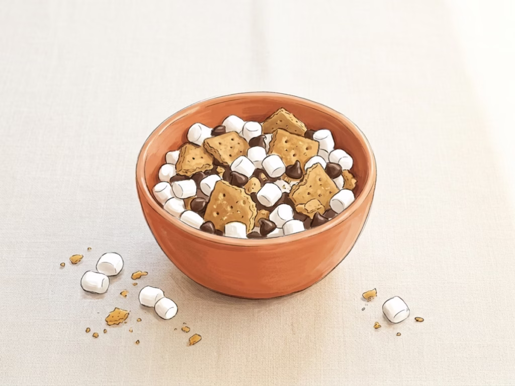 No-bake s'mores snack mix with mini marshmallows, graham cracker pieces, and chocolate chips in a bowl