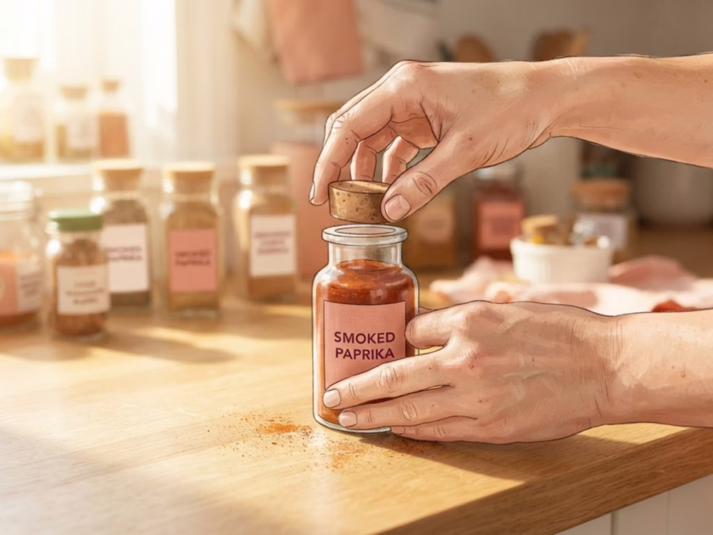 Hands opening a small spice jar for a smell test on a bright kitchen counter