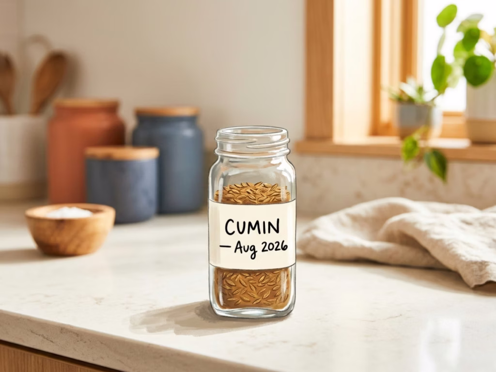 Glass spice jar with handwritten label showing spice name and purchase date on a sunny kitchen counter