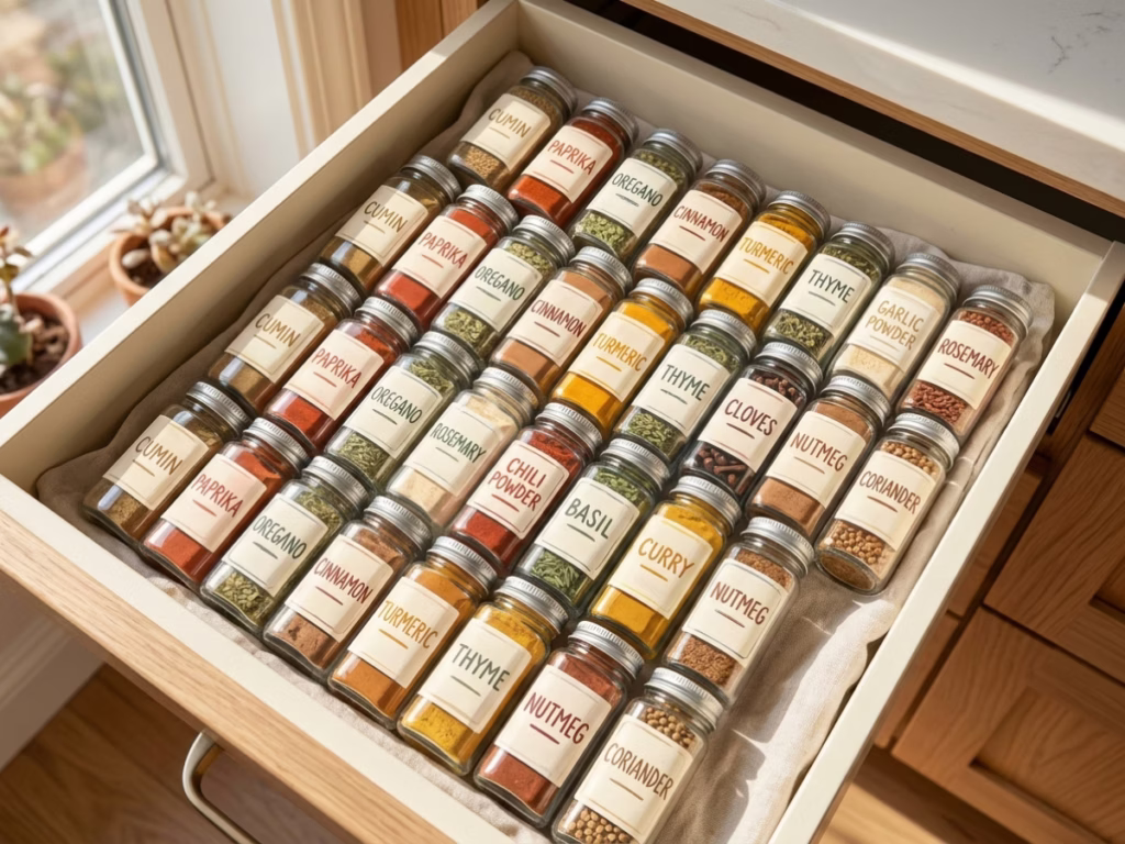 Neatly organized spice jars stored inside a kitchen drawer away from the stove in bright natural light