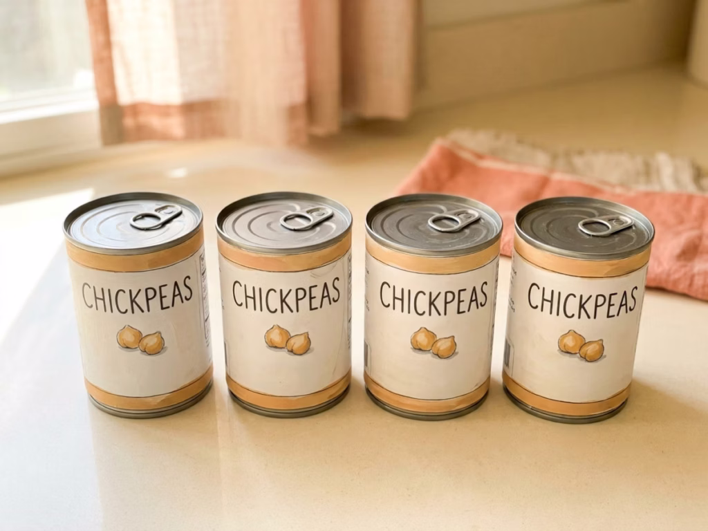 Four identical cans of chickpeas lined up on a kitchen counter in warm morning light