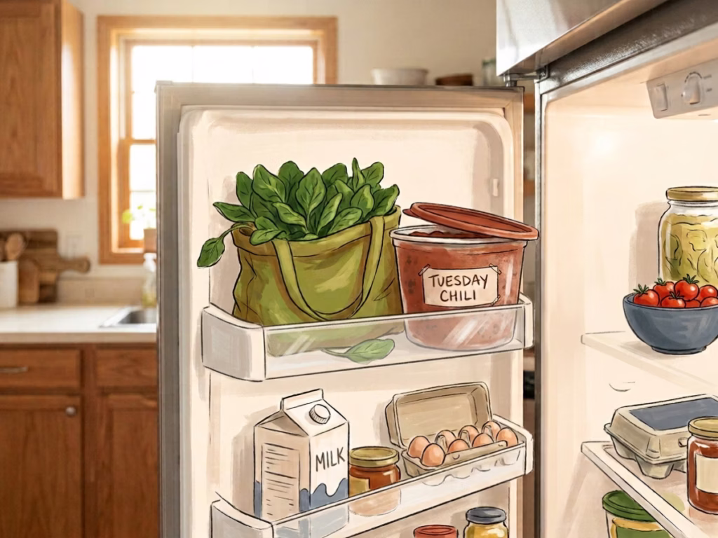 Open refrigerator with fresh produce and leftovers visible at eye level, bright kitchen background