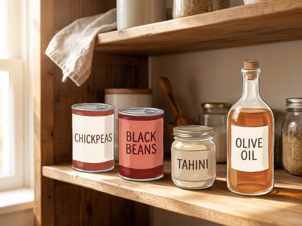 Pantry shelf with canned chickpeas, white beans, olive oil, and tahini, all the ingredients for easy homemade dips