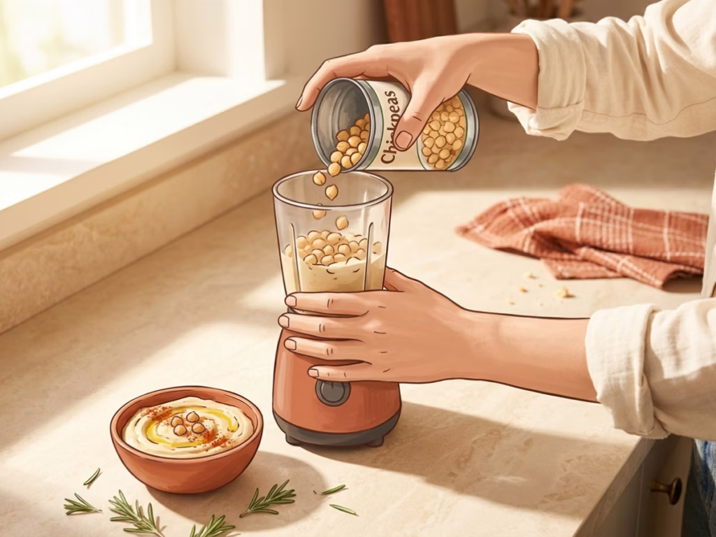 Hands pouring canned chickpeas into a blender on a sunny kitchen counter next to a finished bowl of hummus