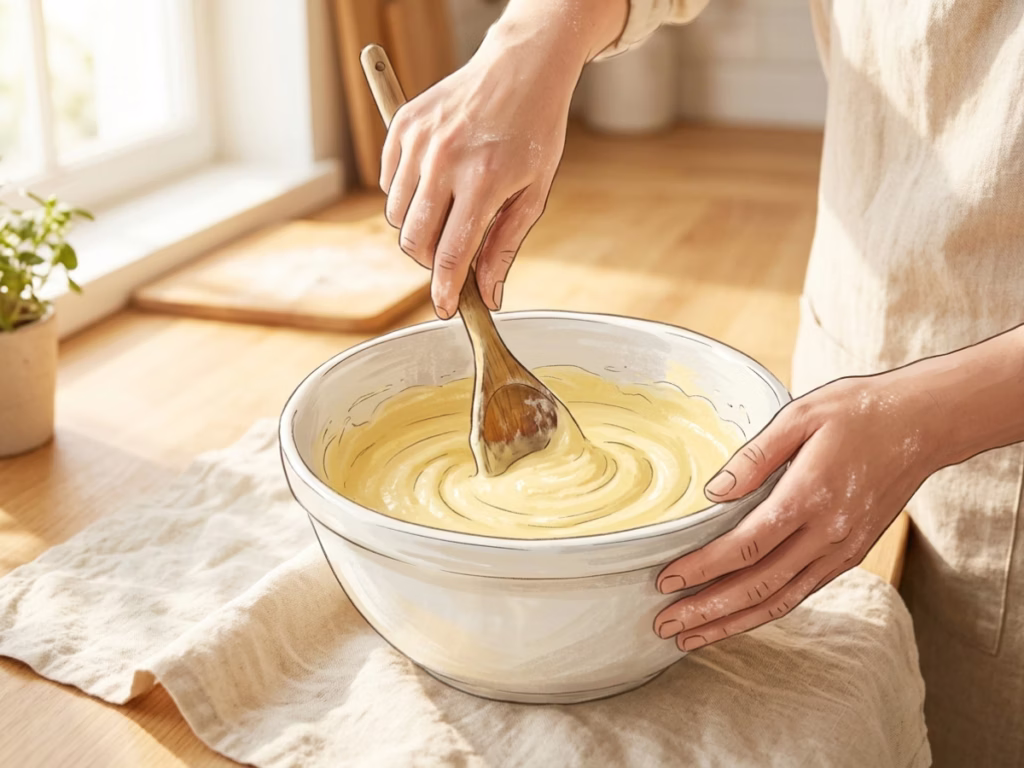 Hands stirring creamy dip in a mixing bowl on a bright kitchen counter