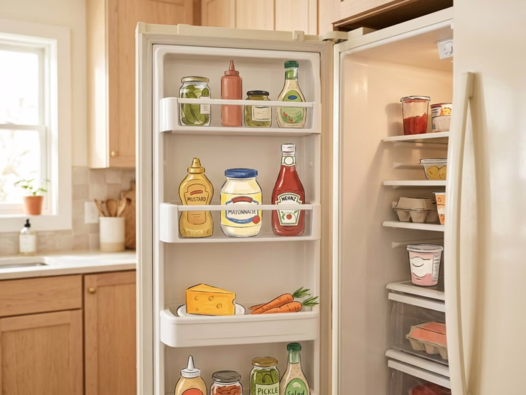 Open refrigerator door showing condiments and everyday ingredients on a bright kitchen morning