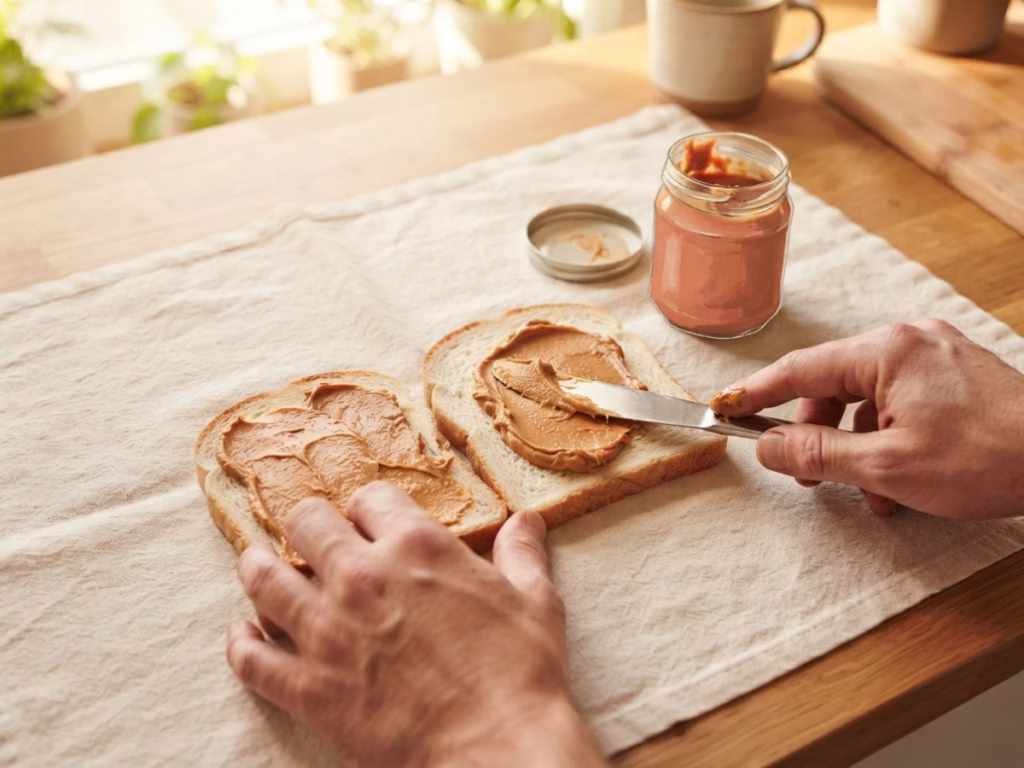 Hands spreading peanut butter on both sides of sandwich bread to create a moisture barrier before adding jelly