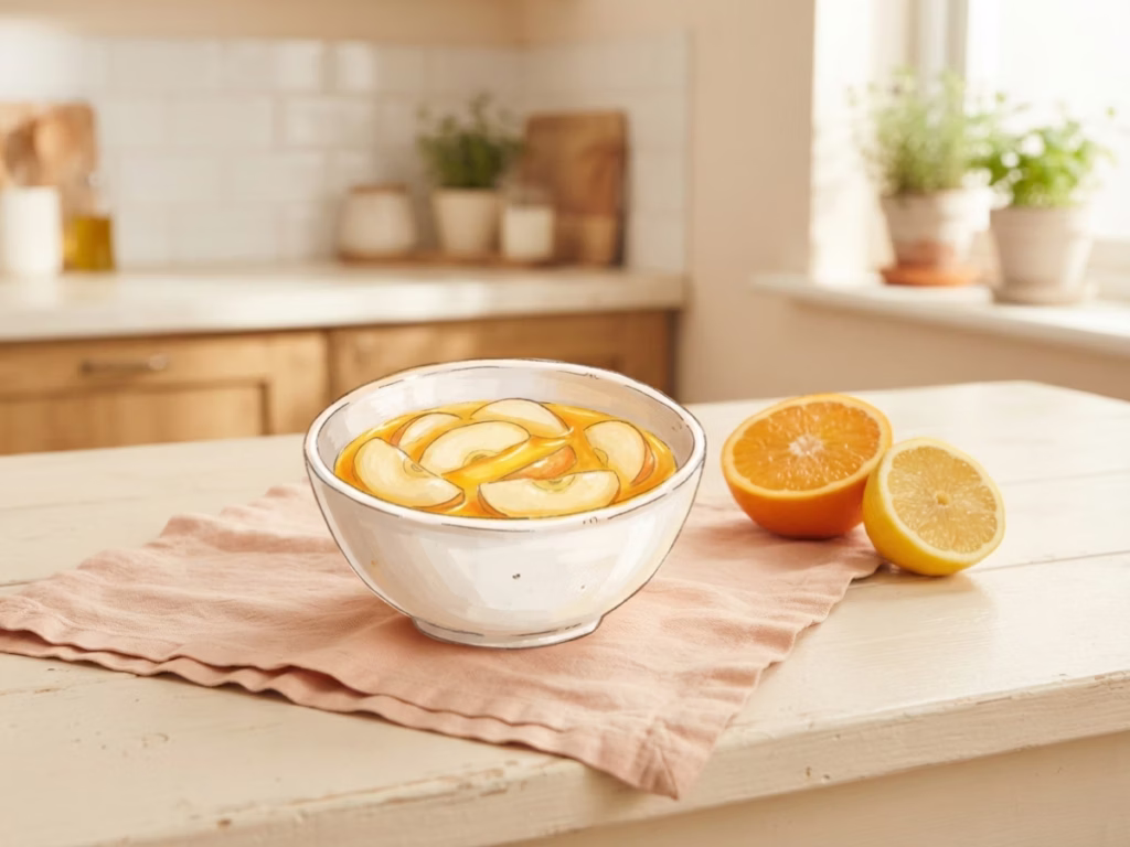 Apple slices soaking in lemon and orange juice mixture in a small bowl to prevent browning in lunchboxes
