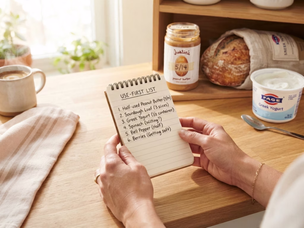 Person checking pantry inventory on a notepad at a bright kitchen counter before Sunday lunch prep