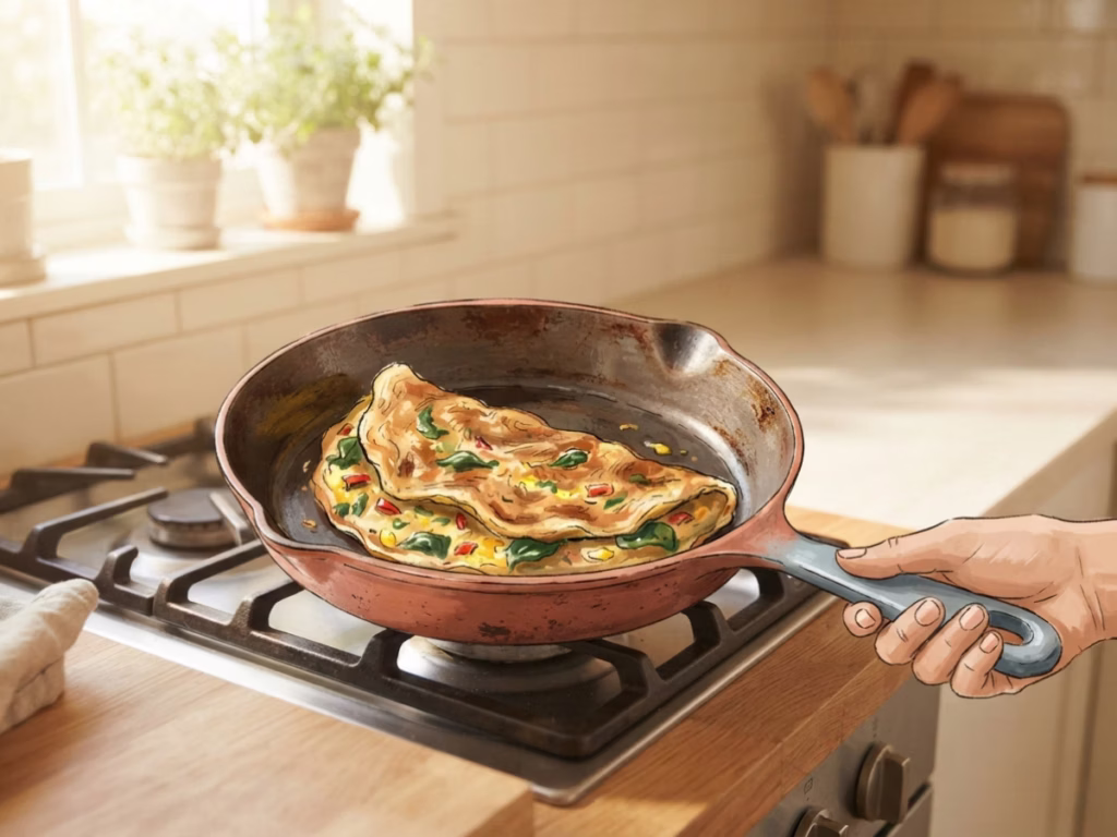 Rustic vegetable omelette cooking in a pan on a home stove, hands holding the pan handle