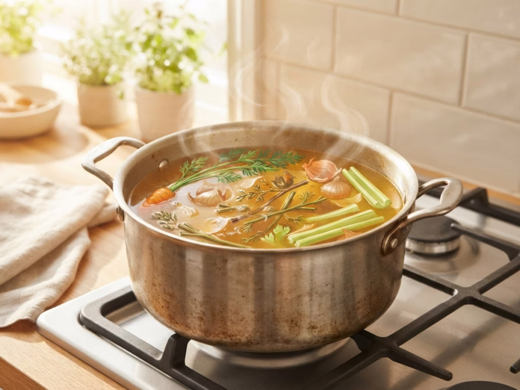 Pot of vegetable scraps simmering on a home stove to make homemade broth, steam rising