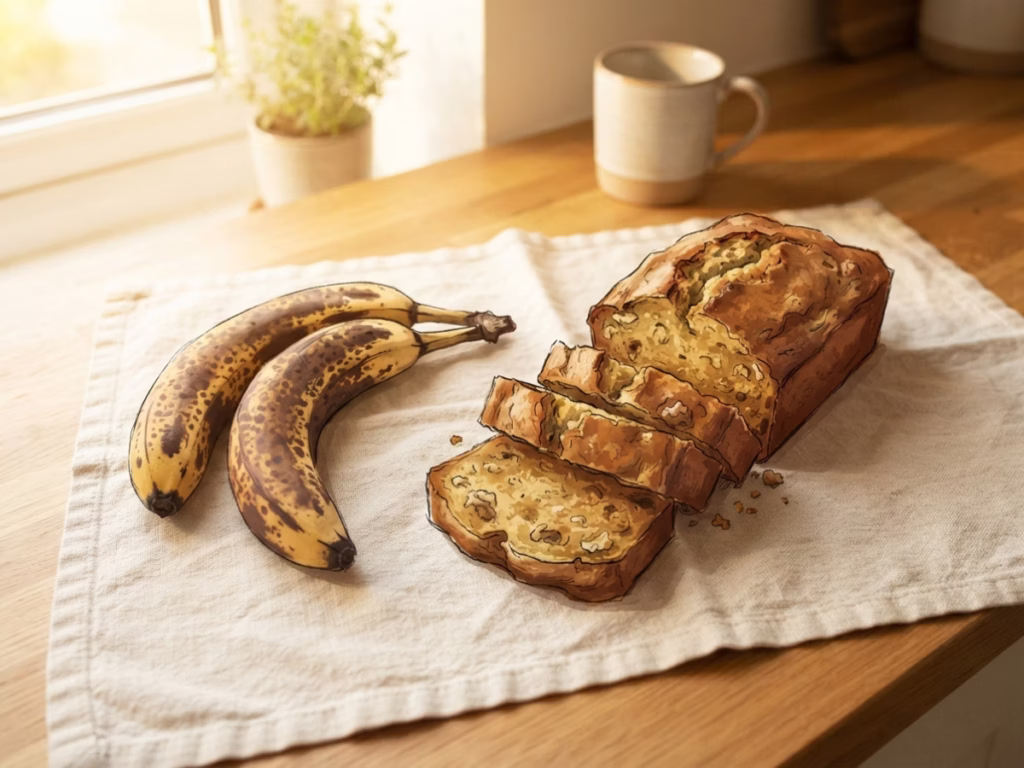 Two very ripe spotted bananas beside a rustic sliced banana bread loaf on a sunny kitchen counter