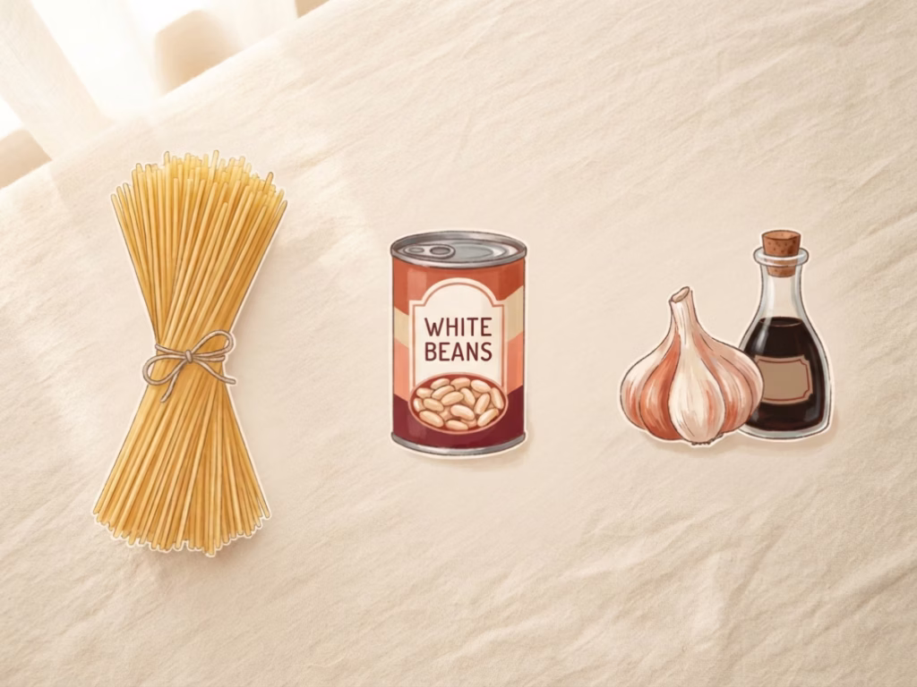 Overhead flatlay of pantry staples grouped in three: pasta, canned beans, and garlic with soy sauce on a cream linen surface.