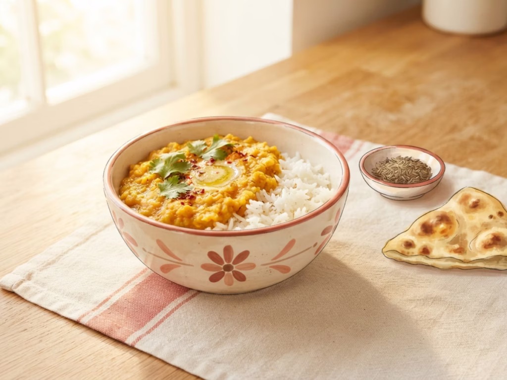 A warm bowl of red lentil dal served over white rice, photographed close-up in soft natural light.