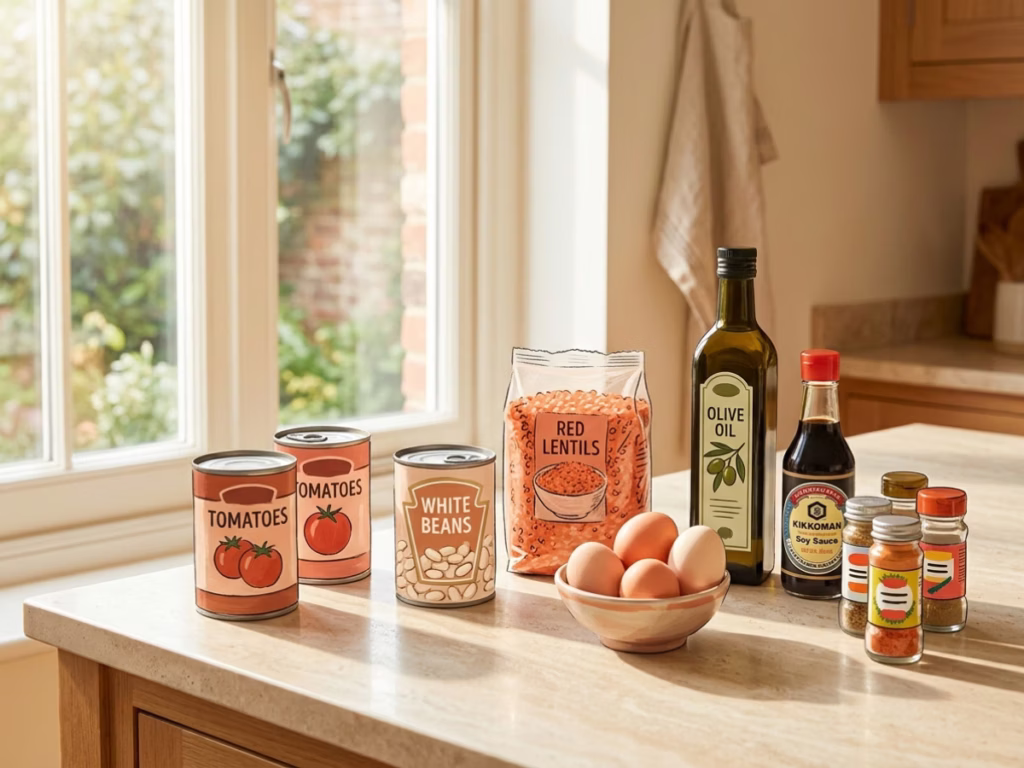 Pantry staples arranged on a kitchen counter: canned tomatoes, beans, pasta, eggs, olive oil, and spice jars in warm light.