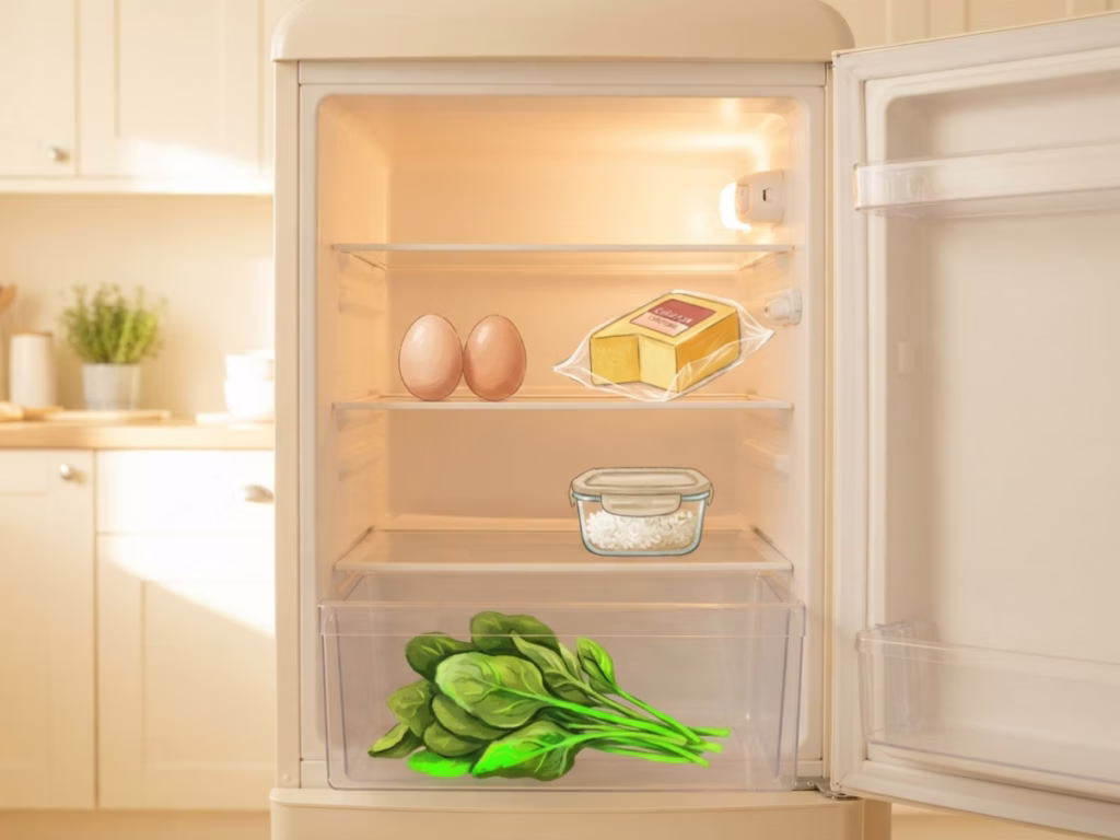 Open refrigerator interior showing a few stragglers: two eggs, a block of cheese, leftover rice, and wilting spinach, enough for dinner.