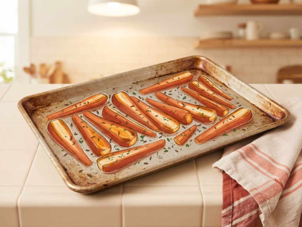 Golden roasted carrot sticks on a baking sheet, edges caramelized, shot from above