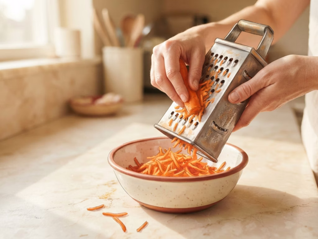 Hands shredding raw carrots into a bowl on a bright kitchen counter, ready for freezing