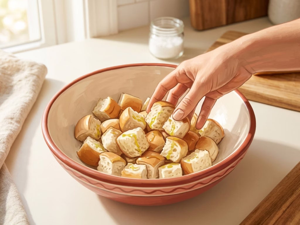 Cubed hot dog bun pieces tossed with olive oil in a bowl to make homemade croutons