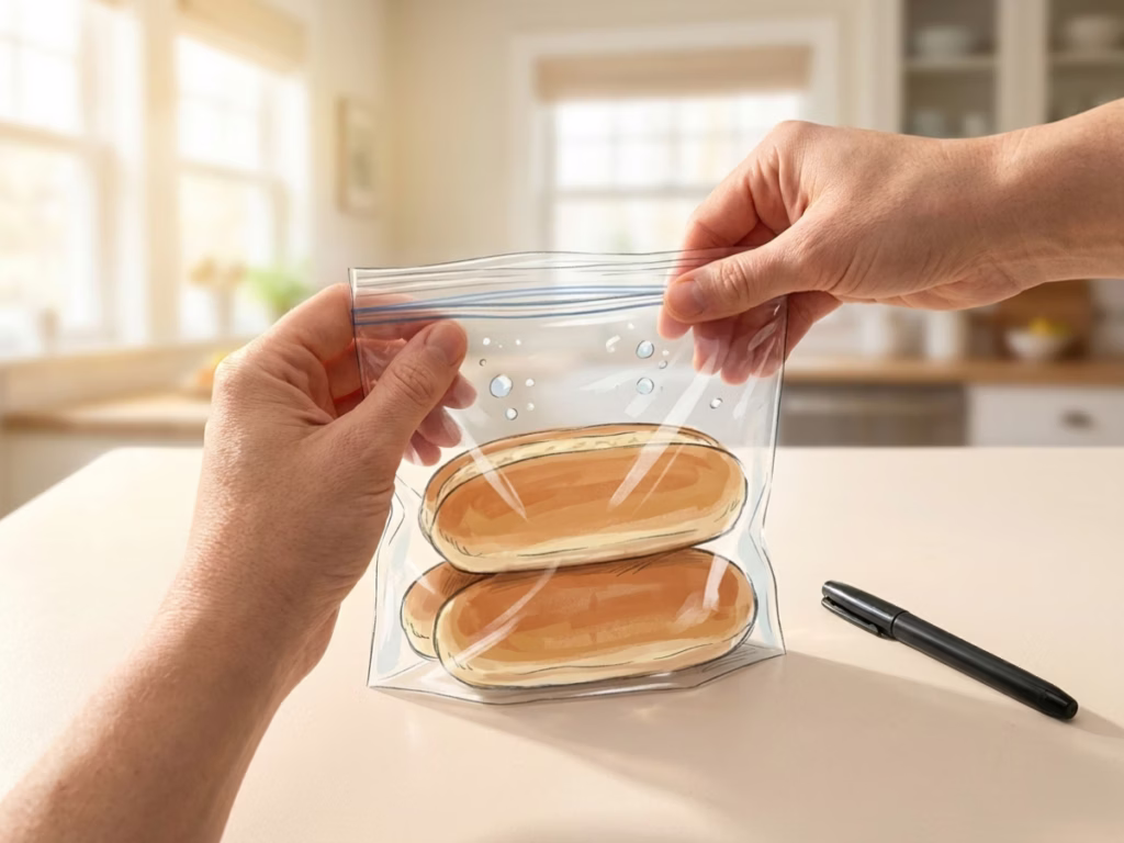 Hands placing hot dog buns into a zip-lock freezer bag to store them after a cookout