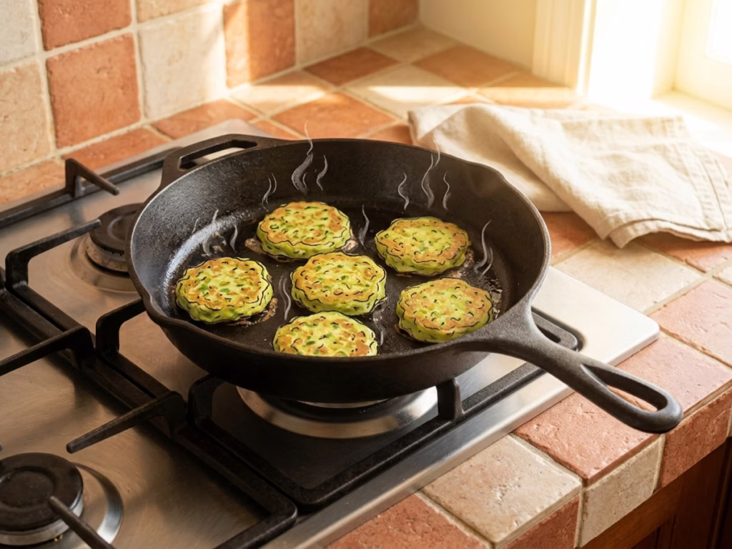 Small zucchini fritters cooking in a lightly oiled skillet over medium heat, golden brown edges forming