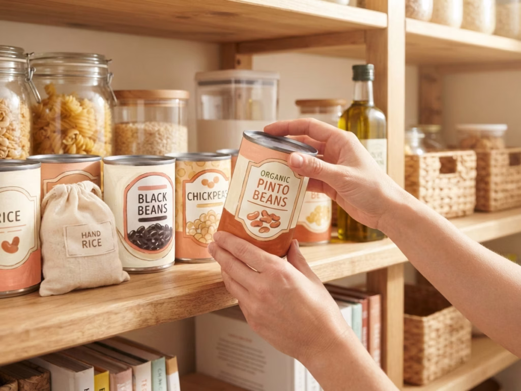 Hands sorting canned goods on a pantry shelf, checking expiration dates in a bright kitchen
