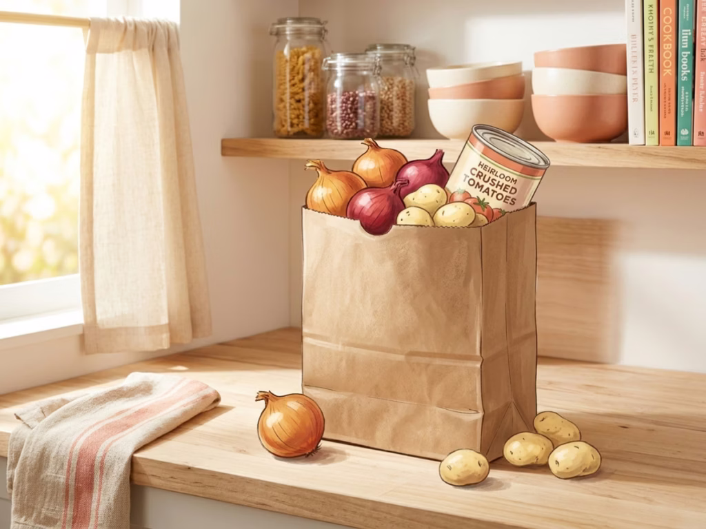Grocery bag with onions, canned tomatoes, and potatoes on a bright kitchen counter in fall light