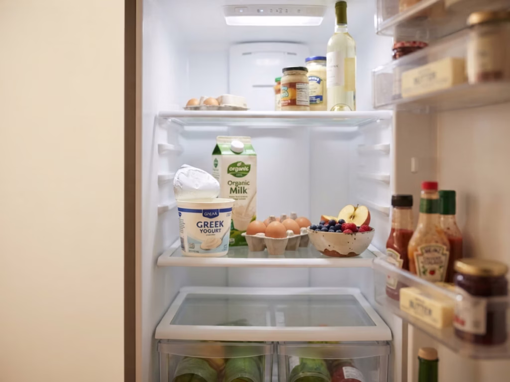 Open yogurt container on a refrigerator shelf next to everyday groceries, buttermilk substitute ingredients