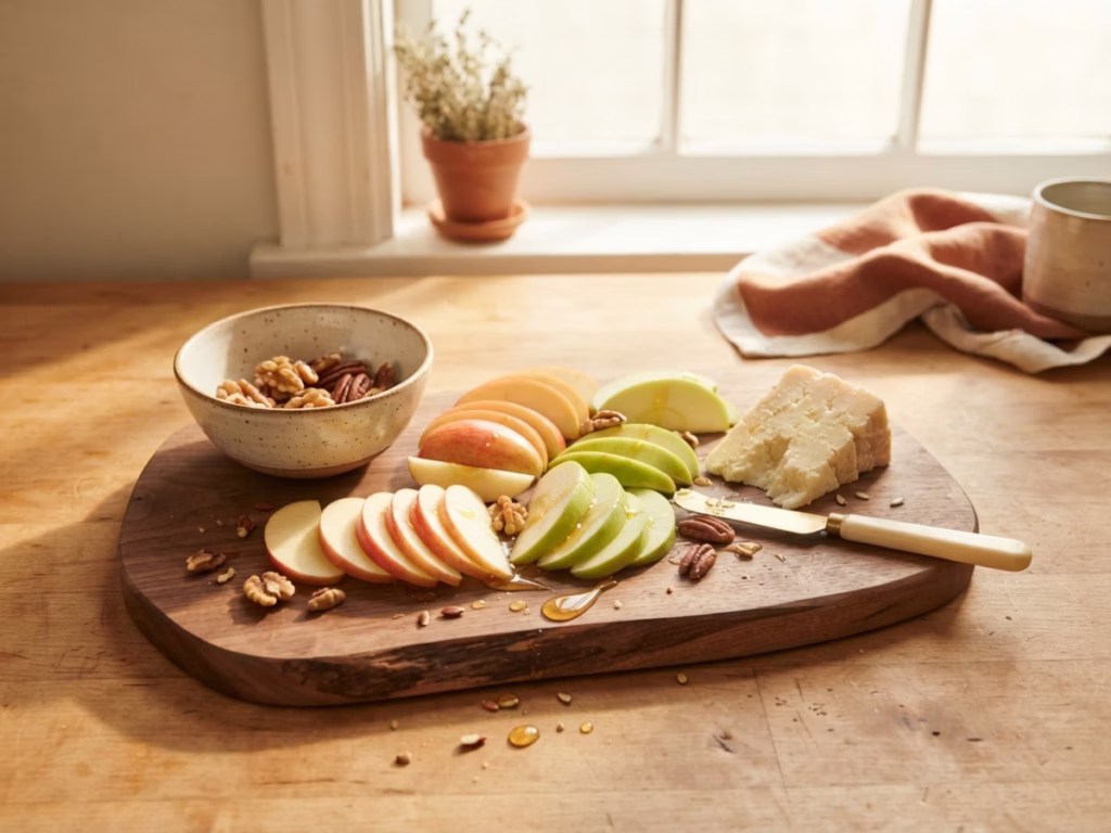 Cheerful fall harvest snack board with sliced apples, cheddar wedge, and nuts on a warm wooden surface in morning light