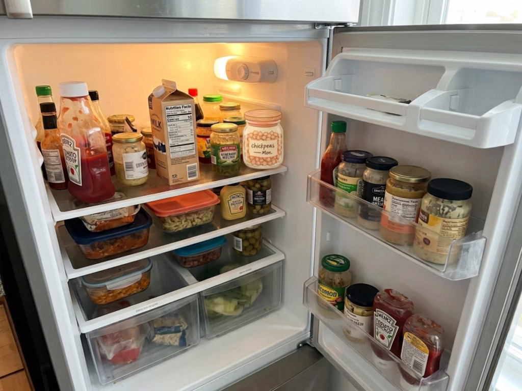 Open refrigerator with a labeled container of chickpeas front and center, showing the half-recipe planning hack