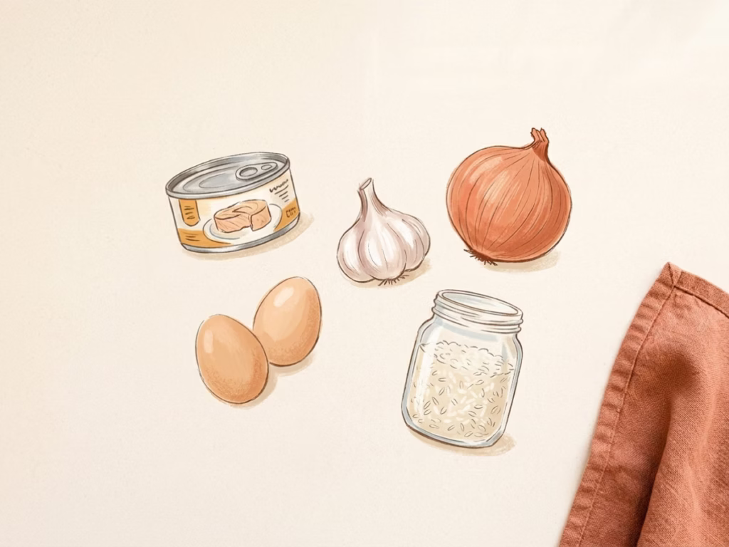 Pantry staples for cooking for one: canned tuna, eggs, garlic, onions, and dry rice on a cream counter