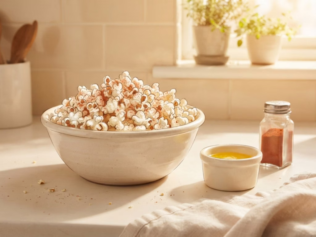 Bowl of spiced popcorn with smoked paprika and a butter dish on a bright kitchen counter