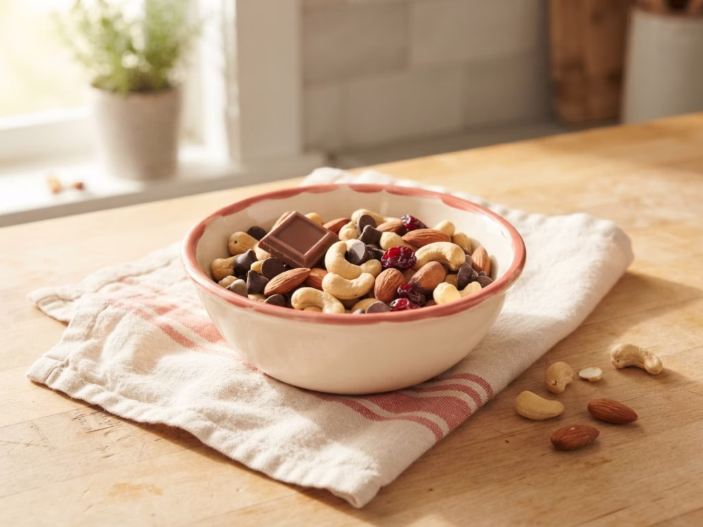 Casual bowl of mixed nuts, chocolate chips, and dried fruit assembled from pantry staples for a watch party