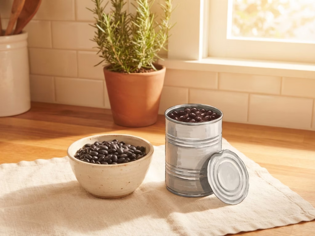Dried black beans and canned beans side by side on a kitchen counter, showing pantry-first meal options