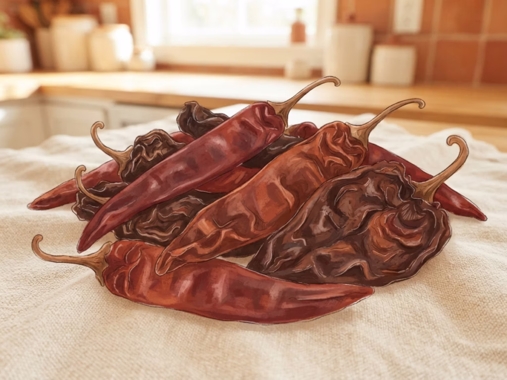 Dried guajillo and ancho chiles arranged on a wooden surface, showing deep red and mahogany tones