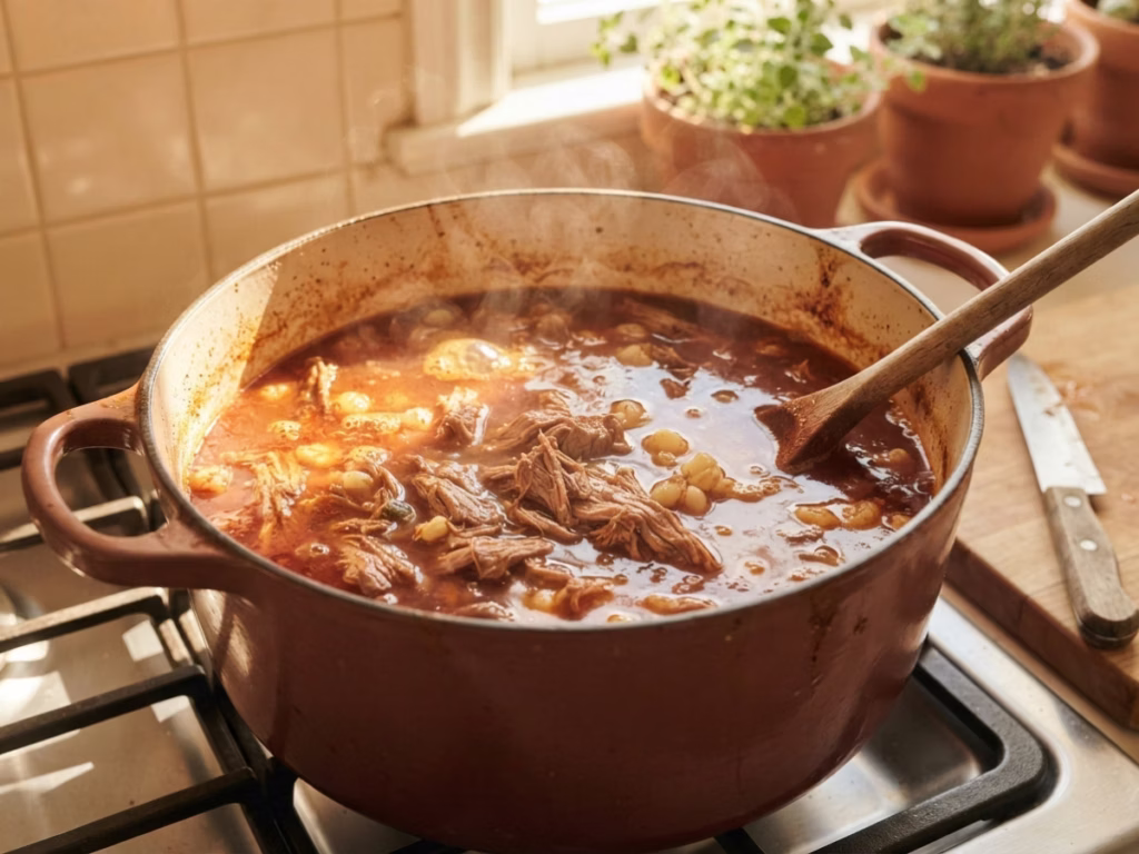 Close-up of a large pot with shredded pork simmering in deep red pozole broth on a stovetop