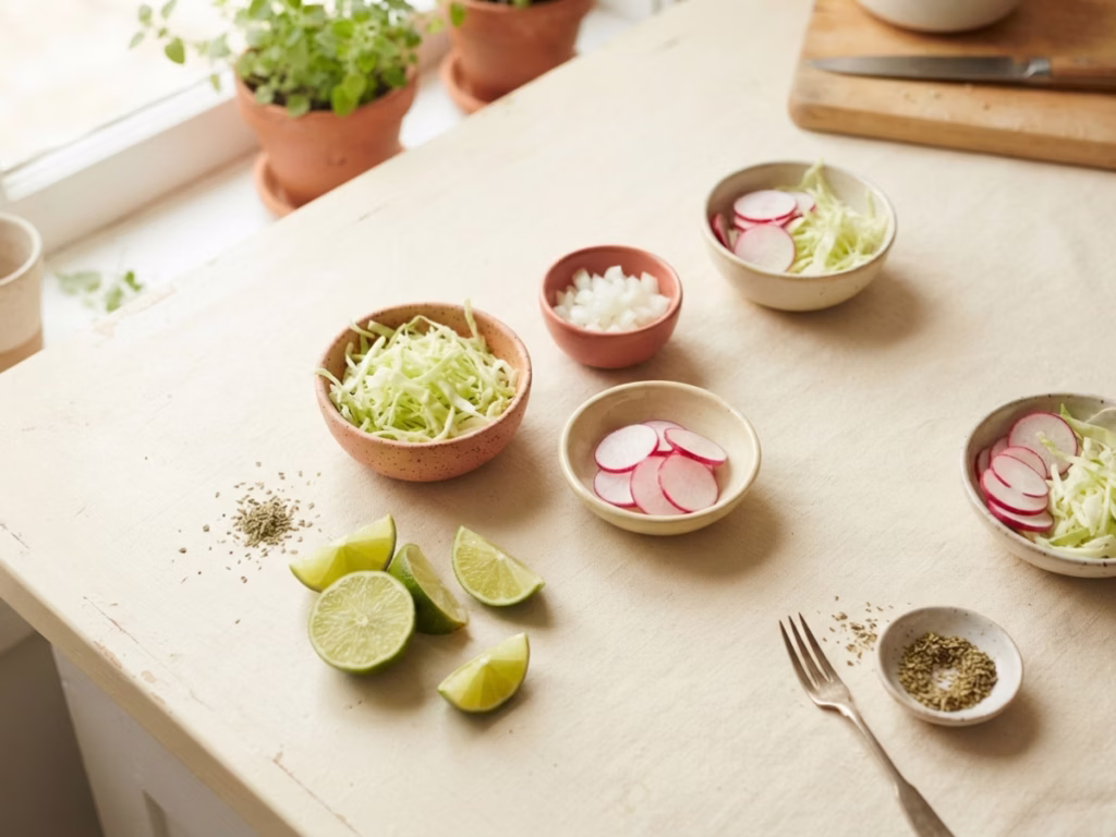Bowls of pozole toppings arranged on a counter: sliced radishes, shredded cabbage, diced onion, lime wedges, and oregano