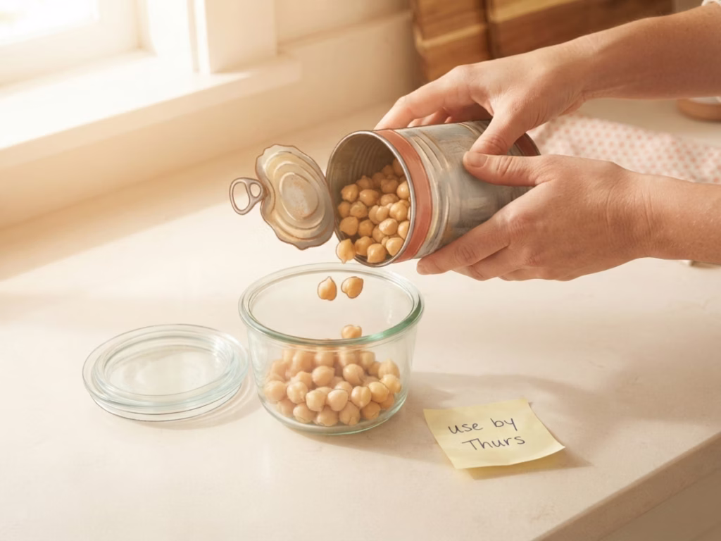 Hands pouring chickpeas from an open can into a glass airtight container on a kitchen counter