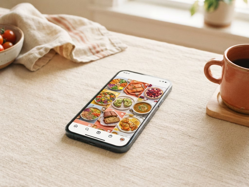 Phone screen showing a grid of saved social media posts with food photos, a digital bookmark graveyard.