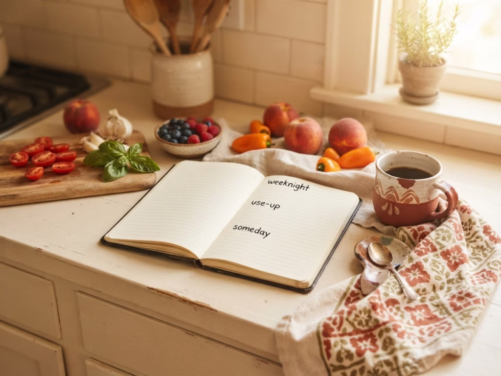 Hand-written recipe notes and colorful sticky notes on a sunny kitchen counter next to fresh vegetables.