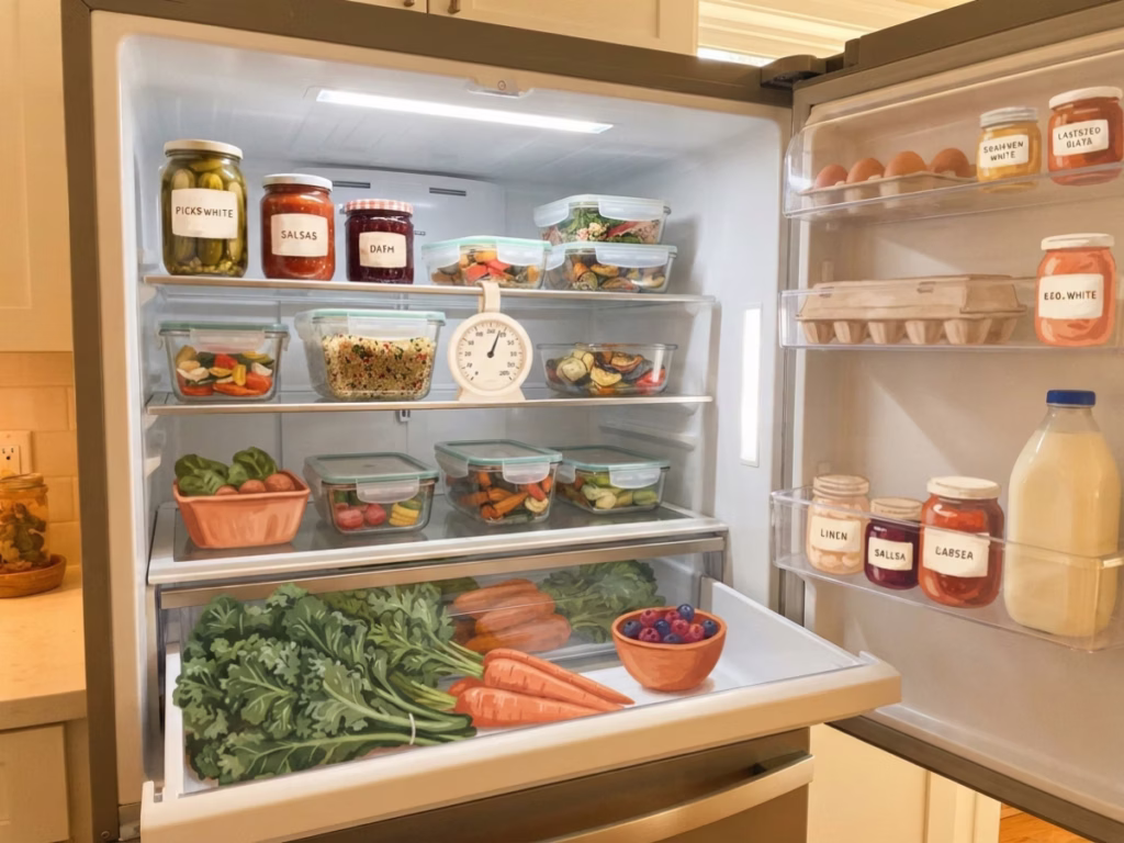 Small fridge thermometer clipped to a refrigerator shelf inside an open refrigerator stocked with fresh food