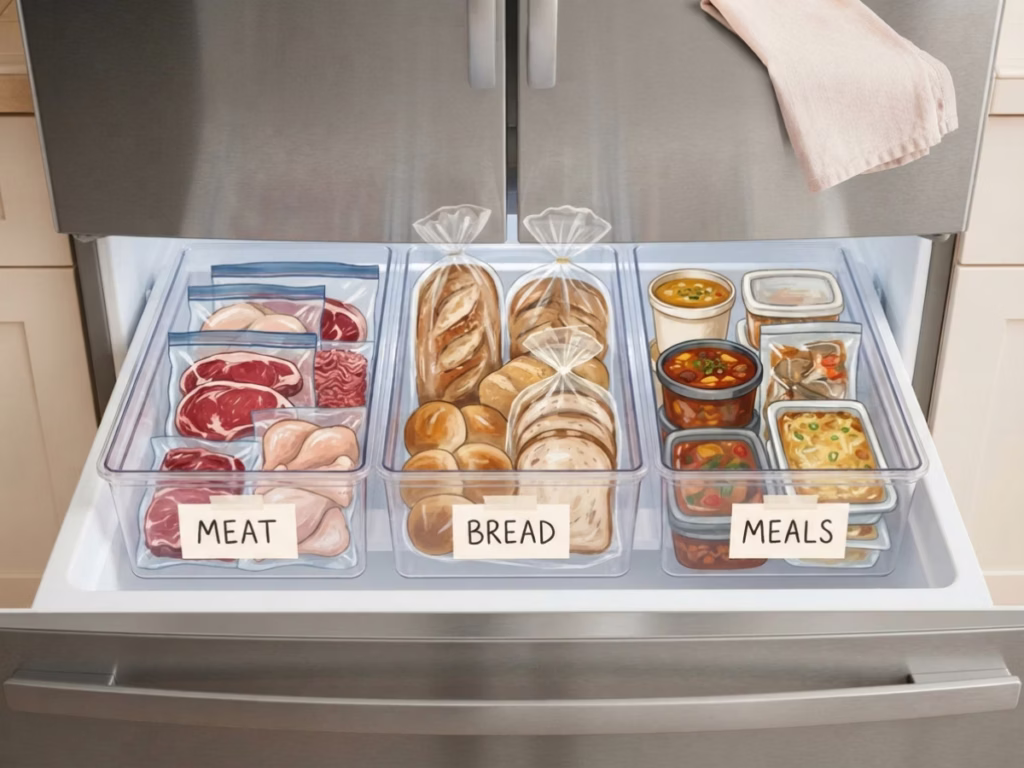 Open freezer with clear labeled organization bins holding meat, bread, and batch-cooked meals