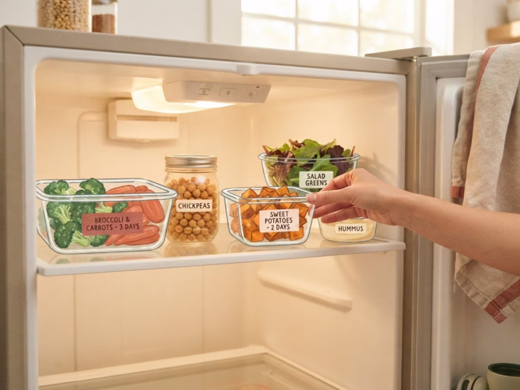 Bright open refrigerator top shelf with labeled leftovers and fresh produce front-loaded for easy visibility
